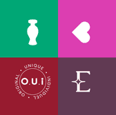 Composição gráfica do Grupo Boticário dividida em quatro quadrantes coloridos, cada um com um símbolo ou logotipo branco estilizado: um frasco sobre fundo verde, um coração sobre fundo rosa, o logotipo circular “O.U.I” sobre fundo vermelho-escuro e a letra “E” estilizada sobre fundo roxo.